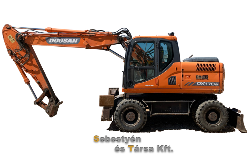 Doosan DX 170 W
Ajánljuk nagyobb tereprendezésre, nagyobb házak és épületek bontására, nagyobb tuskók kiszedésére.
Max ásási mélység: 531 cm.